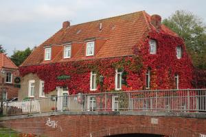Hinte的住宿－Gaststätte Feldkamp，一座桥上被红常春藤覆盖的房子