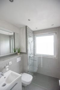 ein Bad mit einem WC, einem Waschbecken und einem Fenster in der Unterkunft Wietheger´s Gästehaus Centrum in Willingen