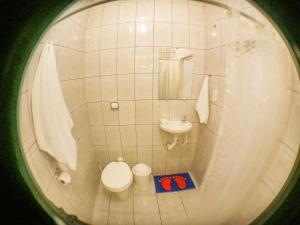 a small bathroom with a toilet and a sink at Pousada Peruibe 455 in Peruíbe