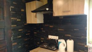 a kitchen with a black tiled wall and wooden cabinets at Apartament u Jawora in Grywałd