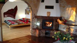 a living room with a fireplace and a bed at Apartament u Jawora in Grywałd