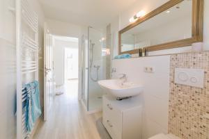 a bathroom with a sink and a shower and a mirror at Boddenhaus Darss in Wieck