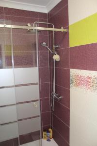a shower in a bathroom with a colorful wall at Lost in Terceira in Angra do Heroísmo +58 photos