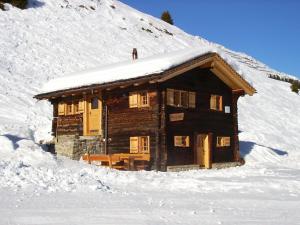 a log cabin is covered in snow at Alphütte Bielerhüs in Fiesch