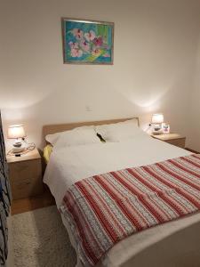 a bedroom with a bed with two night stands and two lamps at Villa Kaliope in Brgulje