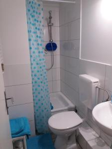 a bathroom with a toilet and a sink and a shower at Ferienwohnung in Berlin