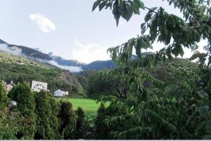 a green field with a house and mountains in the background at Residence Moulin in Aymavilles
