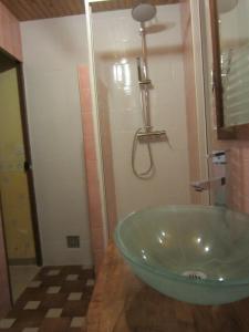 リエにあるBastide Du Rousset B&Bのバスルーム(緑のシンク、シャワー付)