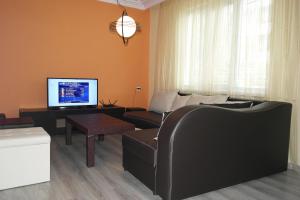 a living room with a couch and a computer monitor at Water House in Shumen