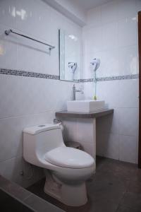 La salle de bains blanche est pourvue de toilettes et d'un lavabo. dans l'établissement Tunupa Lodge Hotel, à Ollantaytambo