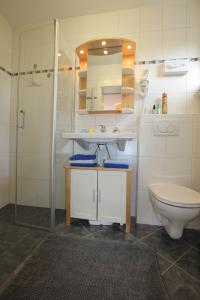 y baño con aseo, lavabo y ducha. en Appartement Wildkogel, en Neukirchen am Großvenediger