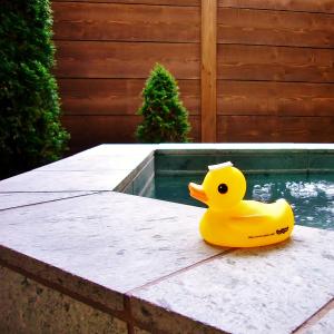 um pato de borracha amarelo sentado numa mesa ao lado de uma piscina em Aromatic Garden Villa La Poltrona em Nasu