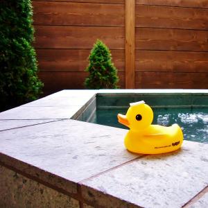 un canard en caoutchouc jaune assis sur une table à côté d'une piscine dans l'établissement Aromatic Garden Villa La Poltrona, à Nasu