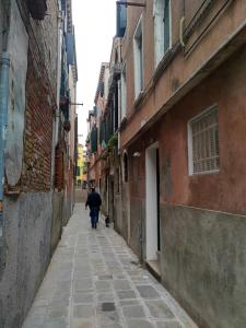 a man walking a dog down an alley at Appartamento con Terrazza Biennale in Venice