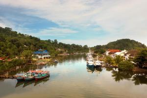 un gruppo di imbarcazioni è ormeggiato in un fiume di Amaris Hotel Padang a Padang