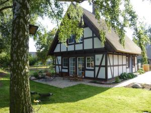 a house with a thatched roof and a patio at Ferienhaus Flieder in Liepe in Rankwitz
