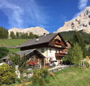 a house in a field with mountains in the background at Ciasa Rü in San Cassiano