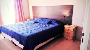 ein Schlafzimmer mit einem Bett mit blauer Decke und einem Nachttisch in der Unterkunft Duplex Kirara in Santa Lucía