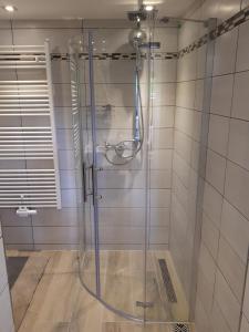 La salle de bains est pourvue d'une douche avec une porte en verre. dans l'établissement Ferienwohnung Leonora, à Remagen