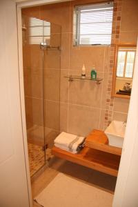 W łazience znajduje się prysznic ze szklanymi drzwiami. w obiekcie Freshhh w mieście Bloubergstrand
