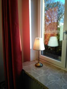 una lámpara sentada en un alféizar junto a una ventana en Ferienwohnung Wisbek, en Brinjahe