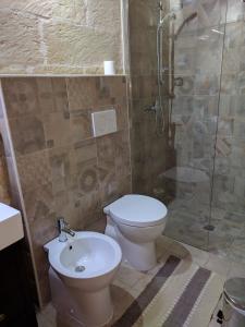 La salle de bains est pourvue de toilettes, d'une douche et d'un lavabo. dans l'établissement B&B La Casetta, à Cavallino di Lecce