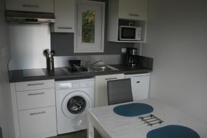 a kitchen with a sink and a washing machine at Paradis De Bellevue in Puymiclan