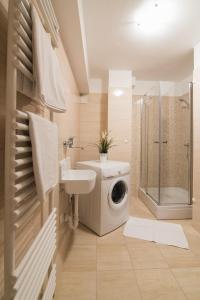 a bathroom with a washing machine and a washer at Villa Marina in Veprinac