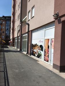 una fila de ventanas de tiendas en una calle de la ciudad en Apartment Smestaj B, en Novi Pazar