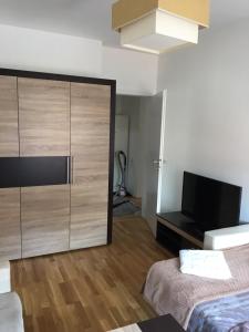 1 dormitorio con un gran armario de madera y TV en Apartment Smestaj B, en Novi Pazar