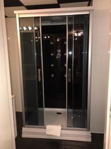 a glass shower in a bathroom with a towel at Alex Rooms in Zwanenburg