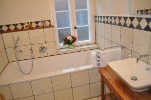 a bathroom with a sink and a bath tub with a window at Lazy Elbfish in Lauenburg