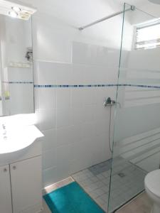 La salle de bains est pourvue d'une douche en verre, d'un lavabo et de toilettes. dans l'établissement Location proche plage, au Gosier
