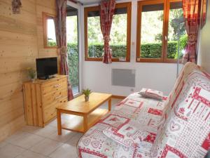 uma sala de estar com um sofá e uma televisão e janelas em 2 Pièces+Terrasse CHAMONIX CENTRE em Chamonix-Mont-Blanc