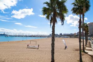 a beach with palm trees and a volley ball at Adorable urban suites in Las Palmas de Gran Canaria