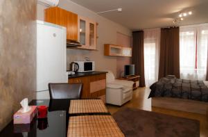 una piccola cucina e un soggiorno con frigorifero e divano di AnVa House a Budapest