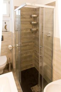 a shower with a glass door in a bathroom at Un nido in centro in Madesimo