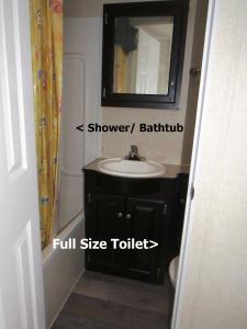 a bathroom with a sink and a mirror at Boardwalk RV Rental (Site #14) in Cavendish