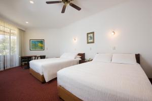 a hotel room with two beds and a ceiling fan at Hotel Bougainvillea San José in Santo Domingo