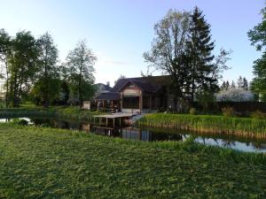 ein Haus am Wasser mit einem See davor in der Unterkunft Raudonkalnis in Mankiškiai