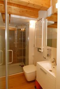 uma casa de banho com um WC, um chuveiro e um lavatório. em Hostal riMboMbin em Burgos