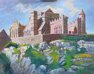 a painting of a castle on a hill at Rockville House B&B in Cashel