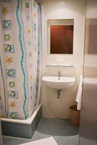 a bathroom with a sink and a shower curtain at Hotel Veli Jože in Pula