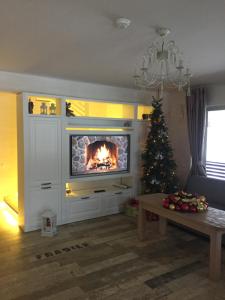 sala de estar con chimenea y árbol de Navidad en Casa De La Munte, en Mănăstirea Humorului