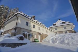 a house covered in snow next to a building at Schwarwald Apartment in Schluchsee