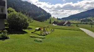 een groen veld met een speeltuin in het gras bij Pension & Ferienwohnung Sonnleiten in Gnesau