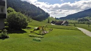 ein grünes Feld mit einem Spielplatz im Gras in der Unterkunft Pension & Ferienwohnung Sonnleiten in Gnesau