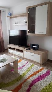 a living room with a television and a table at Ferien- Messewohnung nähe Köln-Messe Flughafen Bonn in Rösrath
