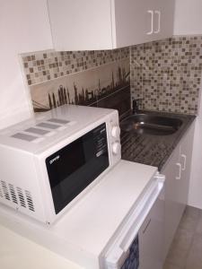 a white microwave oven sitting on top of a kitchen counter at Omega Guesthouse Budapest in Budapest