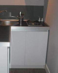 eine Küche mit einer Spüle und einer Arbeitsplatte in der Unterkunft Apartamenty Algador in Krakau